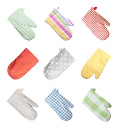 Image of Set with different oven gloves on white background, top view