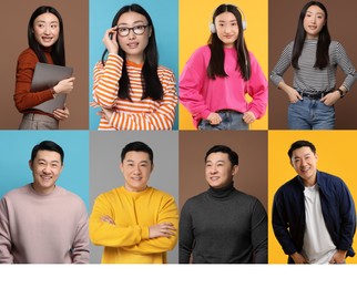 Collage with photos of Asian woman and man on different color backgrounds