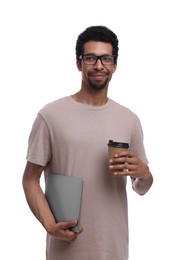 Photo of Handsome man with laptop and cup of coffee on white background