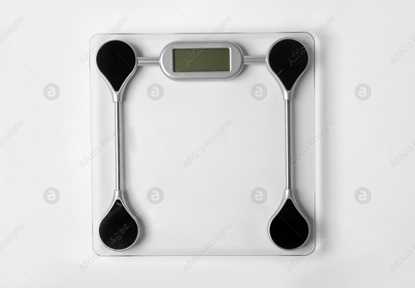 Photo of Bathroom scales on white background, top view. Weight loss concept