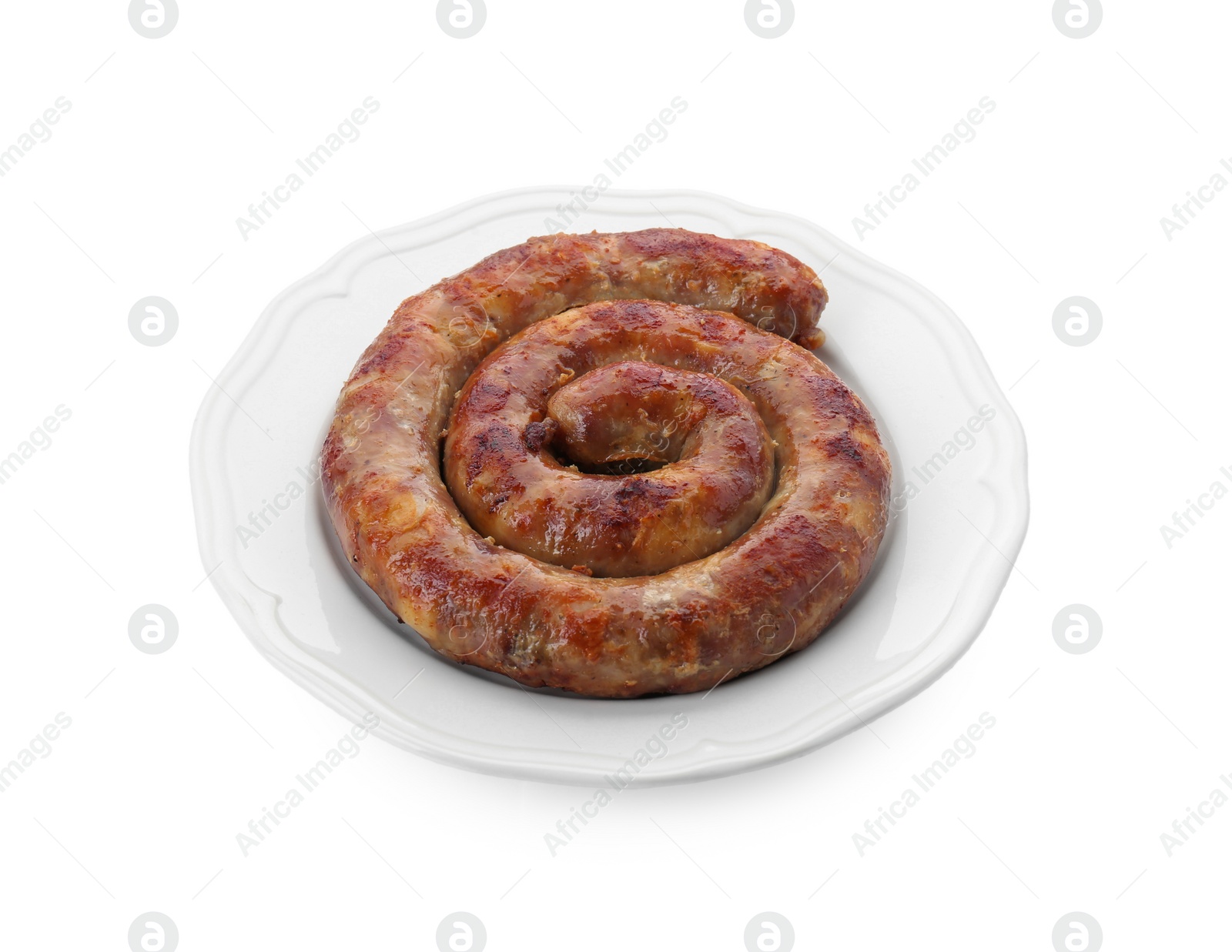 Photo of One ring of delicious homemade sausage isolated on white