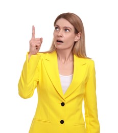 Photo of Beautiful business woman pointing at something on white background
