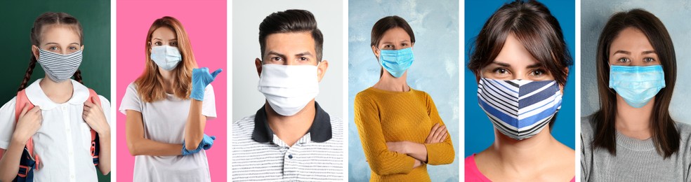 Image of Collage with photos of people wearing medical face masks on different color backgrounds. Banner design