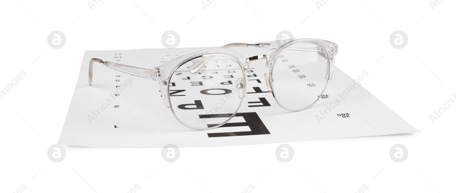 Photo of Glasses and vision test chart isolated on white