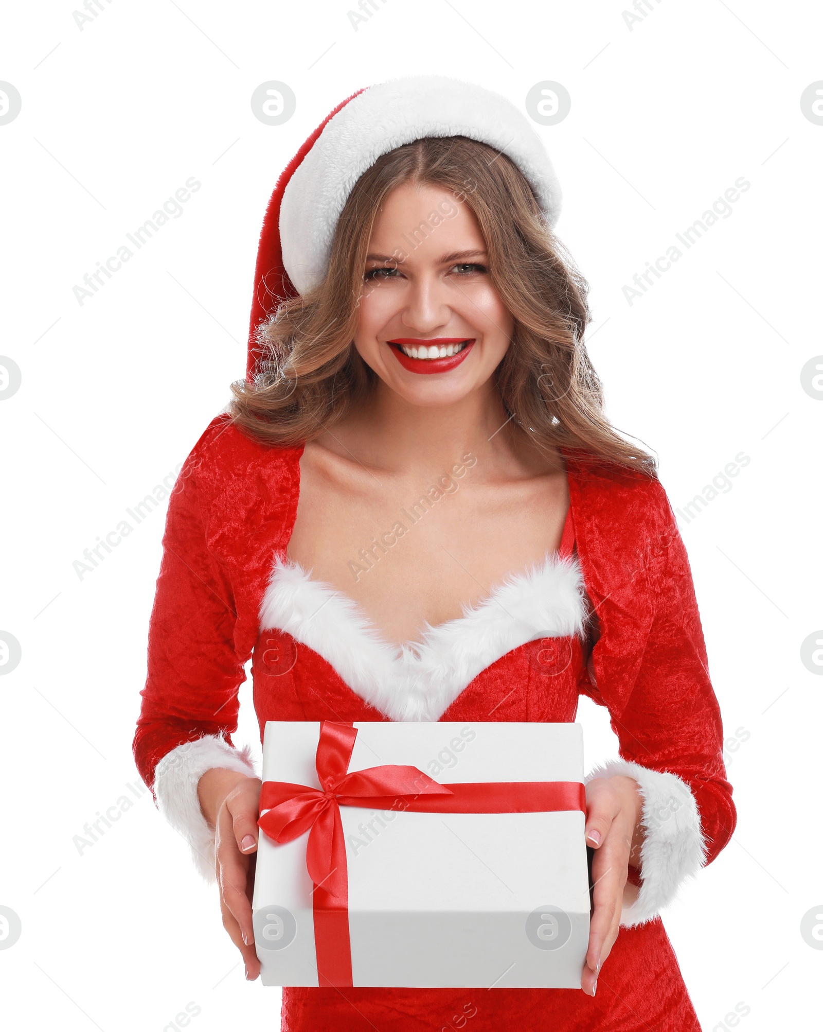 Photo of Beautiful Santa girl with Christmas gift on white background