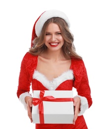 Beautiful Santa girl with Christmas gift on white background