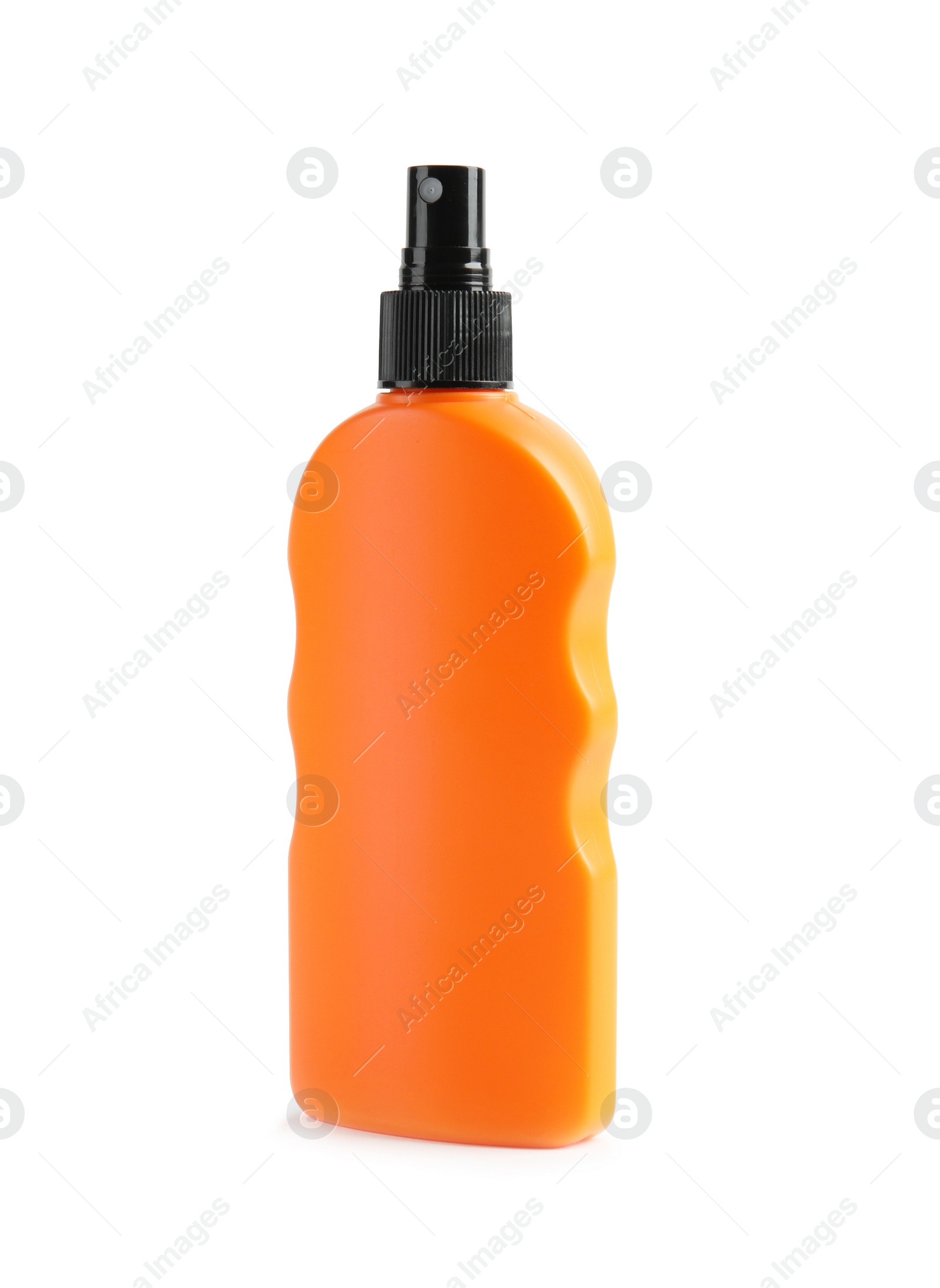 Photo of Bottle with sun protection body cream on white background