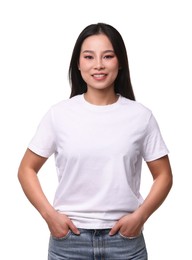 Photo of Woman wearing stylish t-shirt on white background