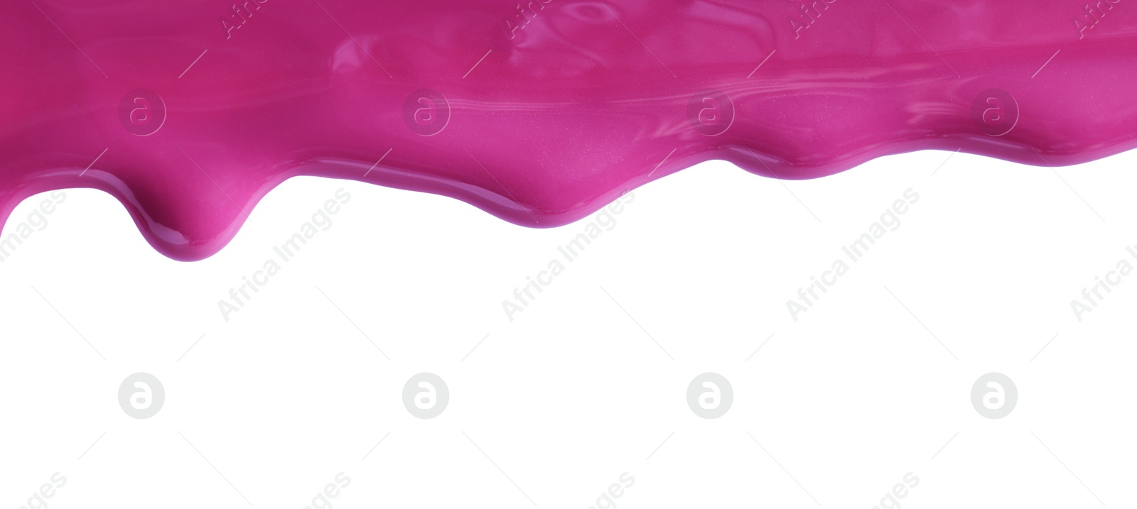 Photo of Purple nail polish flowing on white background