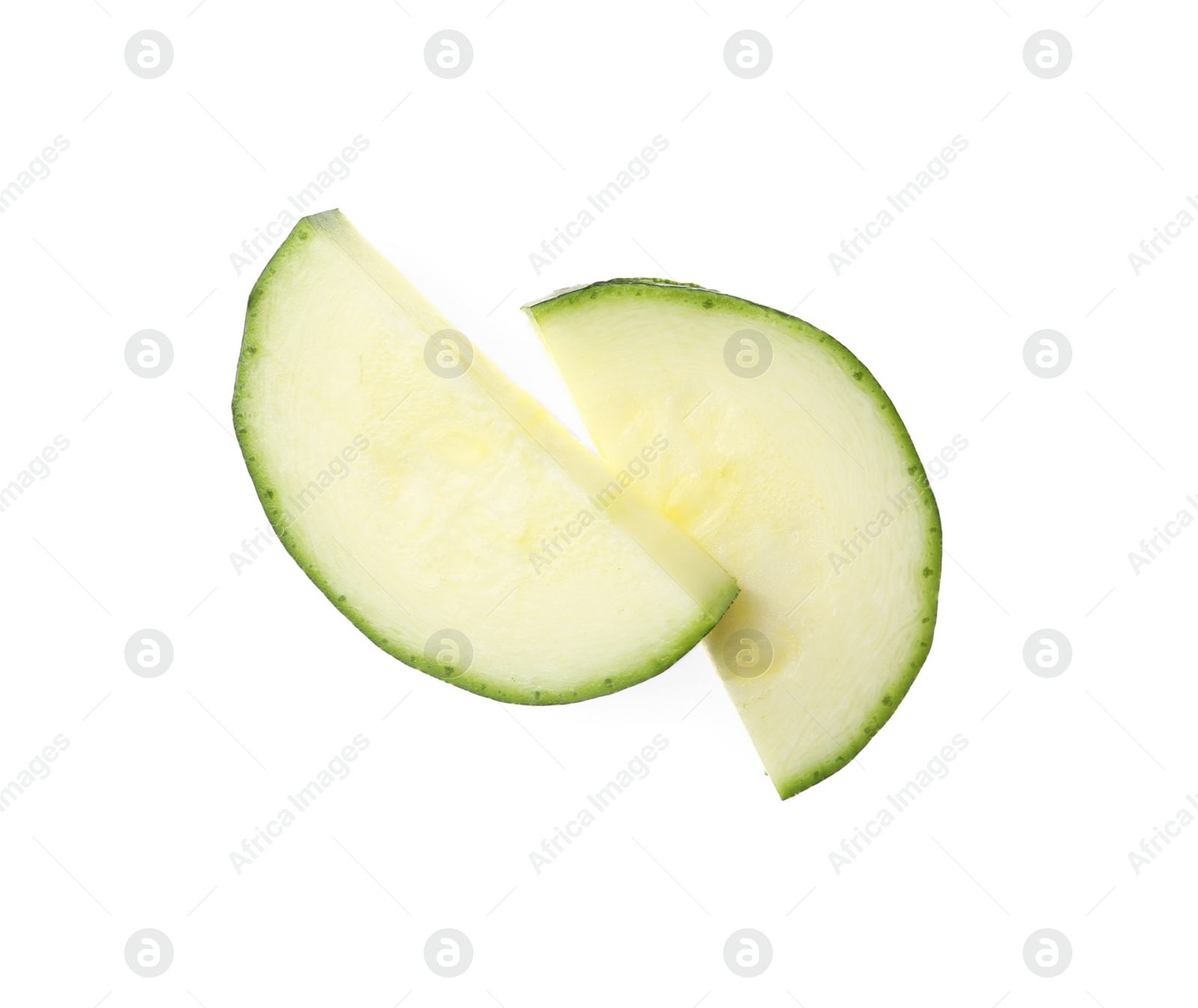 Photo of Slices of ripe zucchini on white background, top view