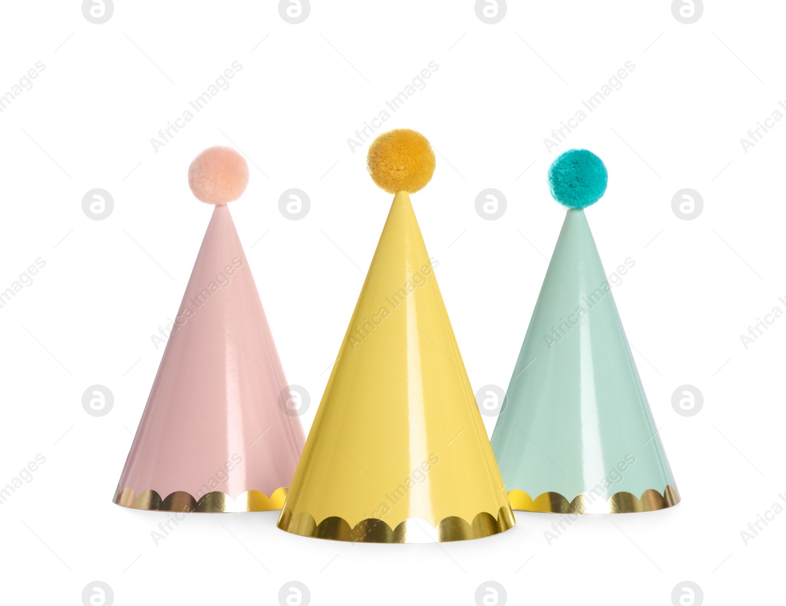 Photo of Bright birthday party hats on white background