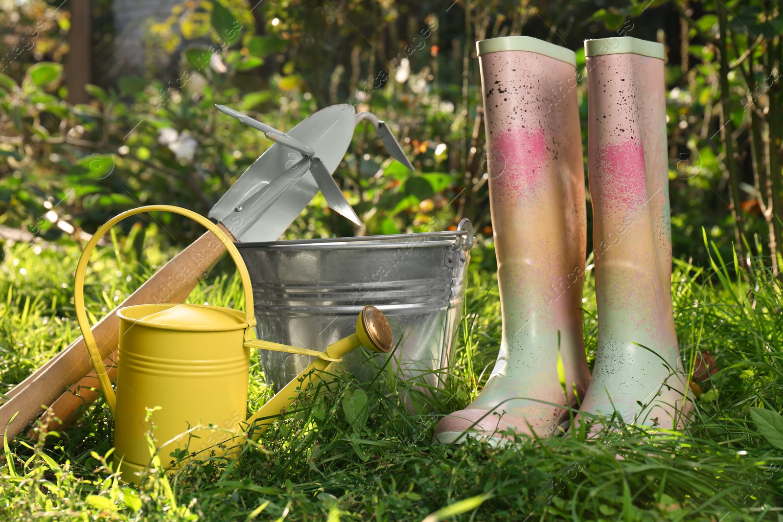 Photo of Watering can, gardening tools and rubber boots on green grass outdoors