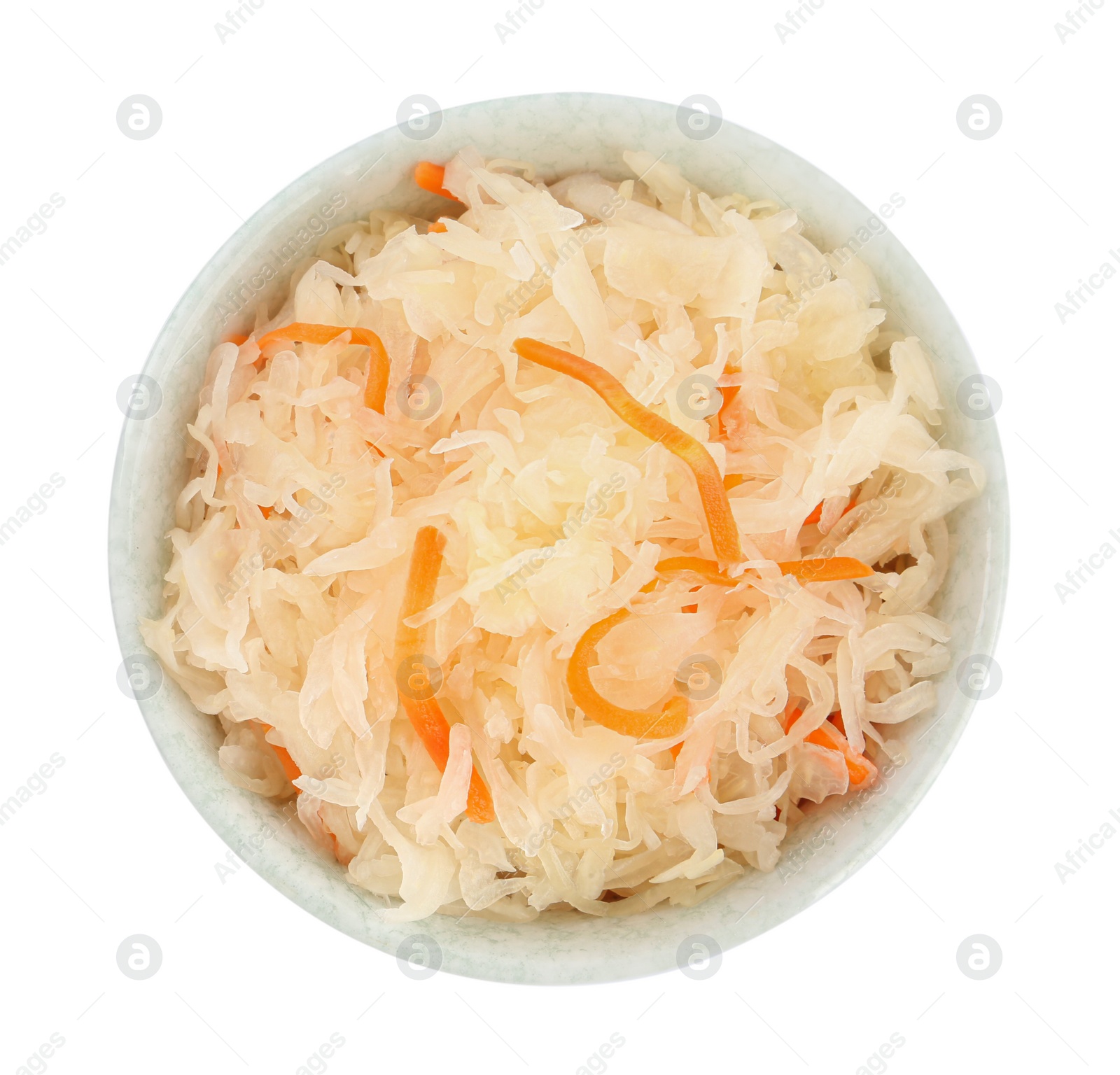 Photo of Bowl of tasty sauerkraut with carrot on white background, top view