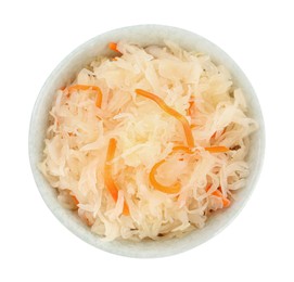 Photo of Bowl of tasty sauerkraut with carrot on white background, top view