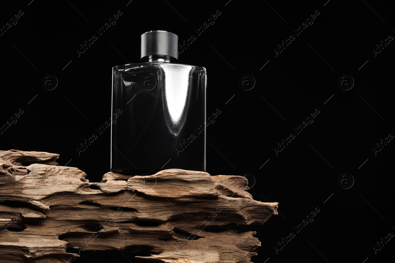 Photo of Luxury men`s perfume in bottle against black background, low angle view. Space for text