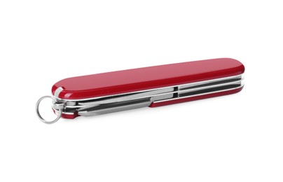 Photo of Compact portable multitool with red handle isolated on white
