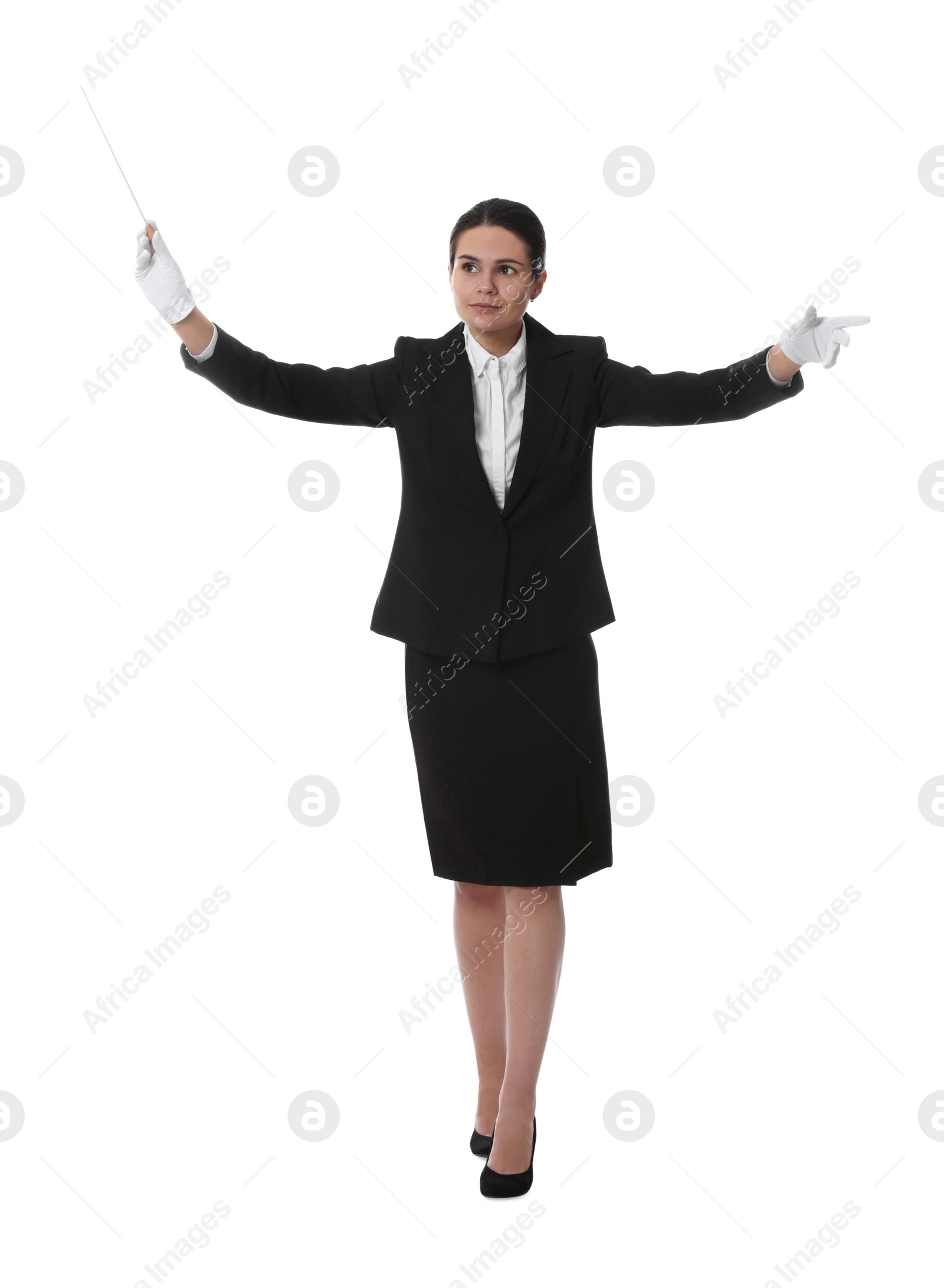 Photo of Professional young conductor with baton on white background