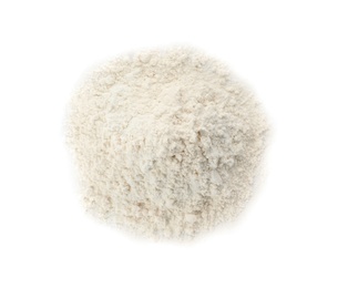 Photo of Pile of wheat flour isolated on white, top view