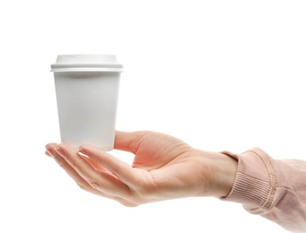 Photo of Woman holding takeaway paper coffee cup on white background. Space for design