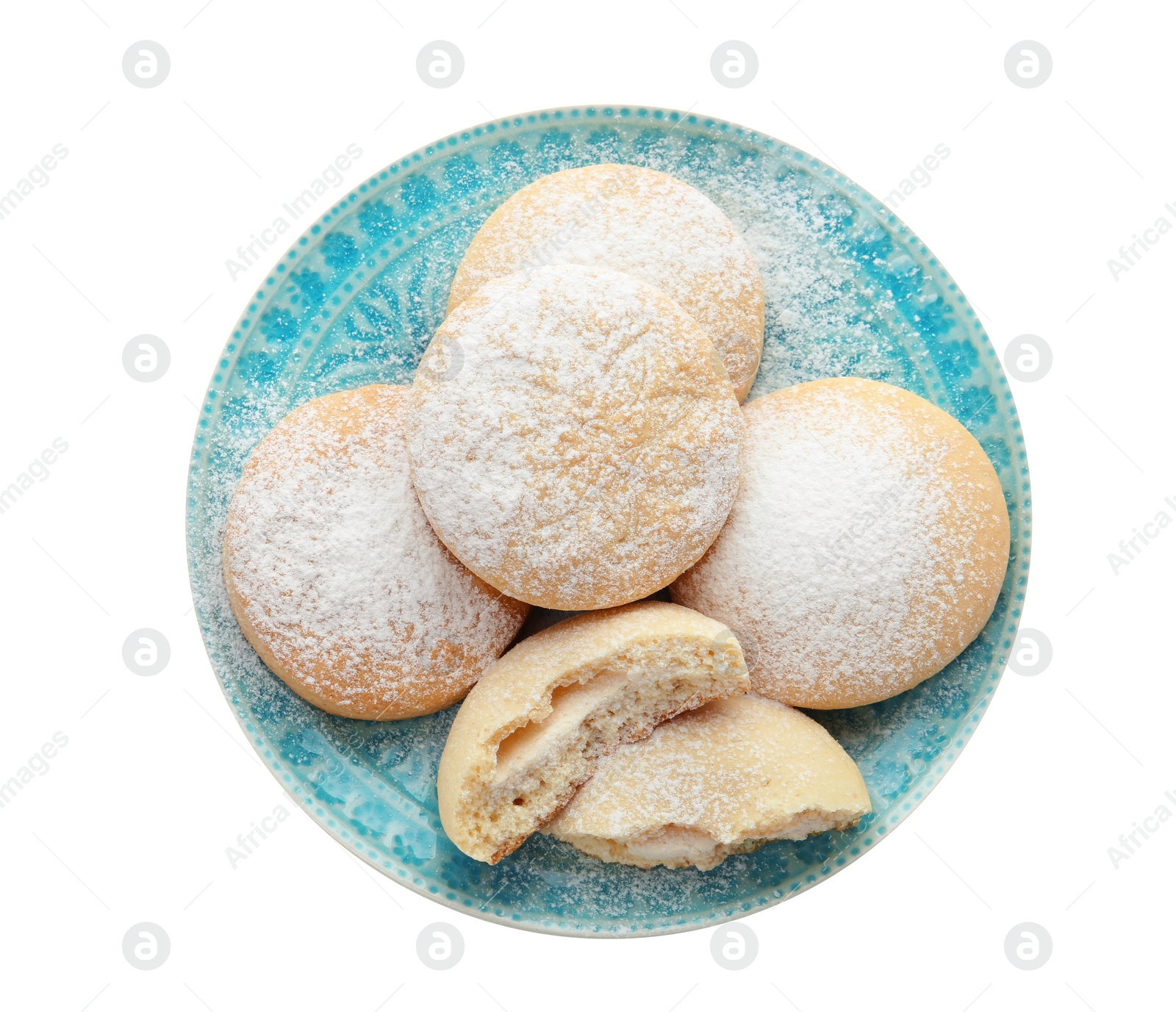 Photo of Plate with cookies for Islamic holidays isolated on white, top view. Eid Mubarak