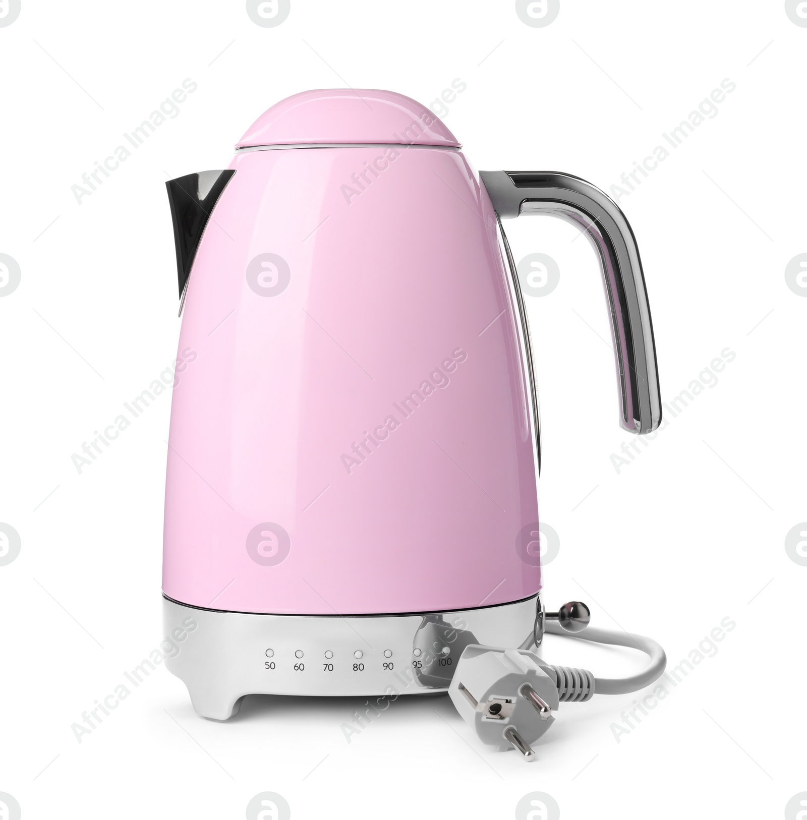 Photo of Modern pink electric kettle with base and plug isolated on white