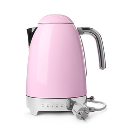 Photo of Modern pink electric kettle with base and plug isolated on white