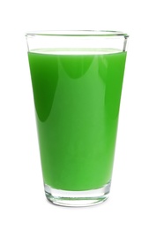 Photo of Glass with delicious detox juice on white background