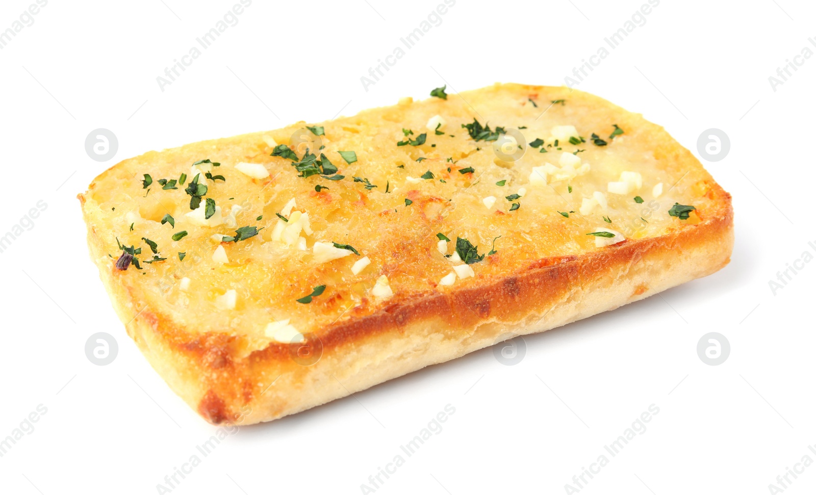 Photo of Slice of garlic bread with herbs isolated on white