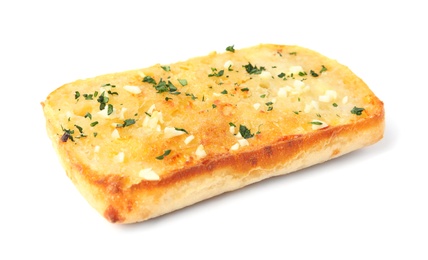 Photo of Slice of garlic bread with herbs isolated on white