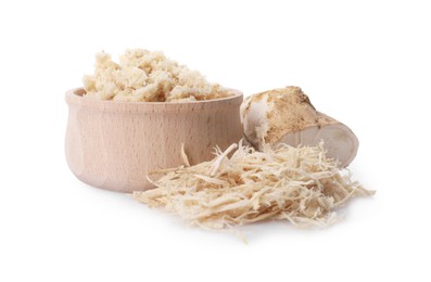 Bowl of tasty prepared horseradish and grated root isolated on white