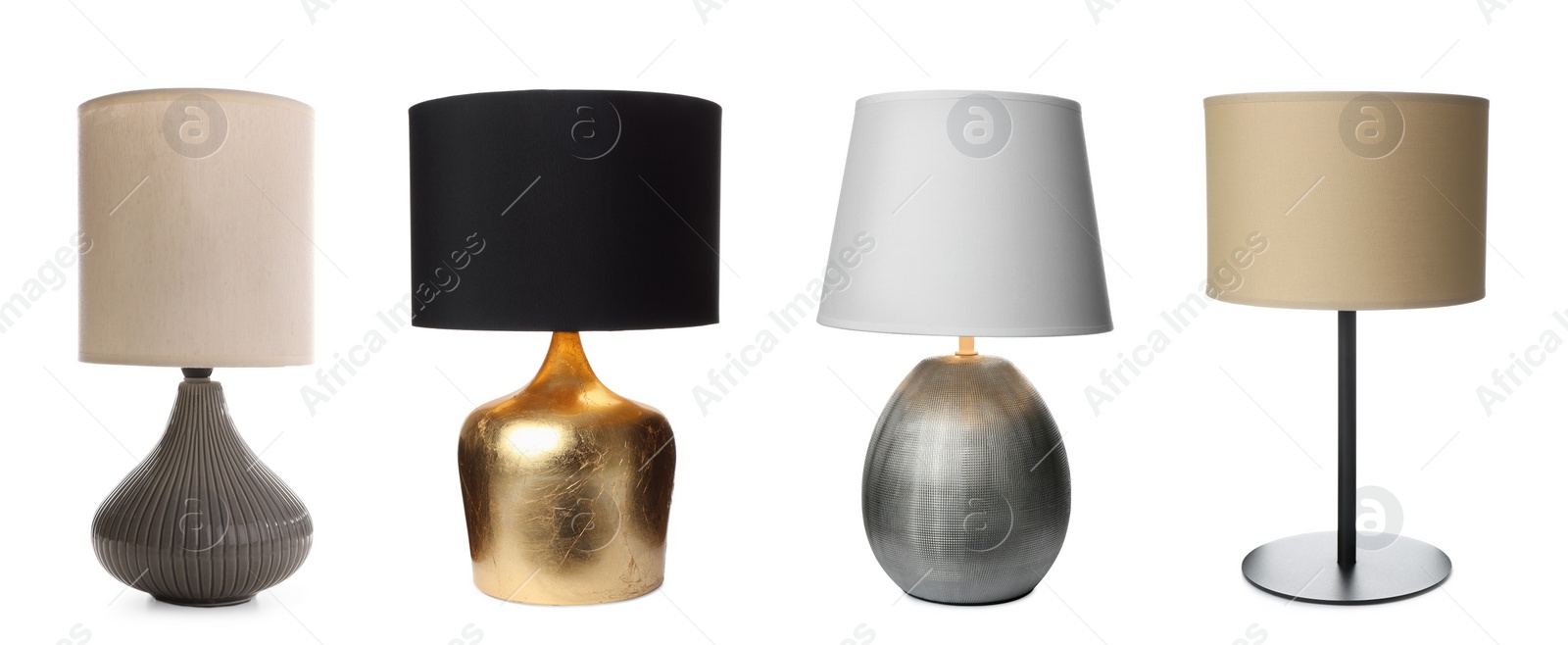 Image of Collage with different stylish night lamps on white background. Banner design