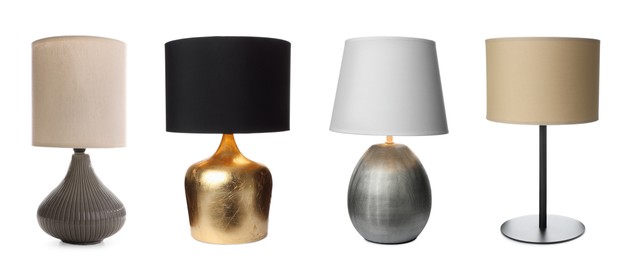 Image of Collage with different stylish night lamps on white background. Banner design