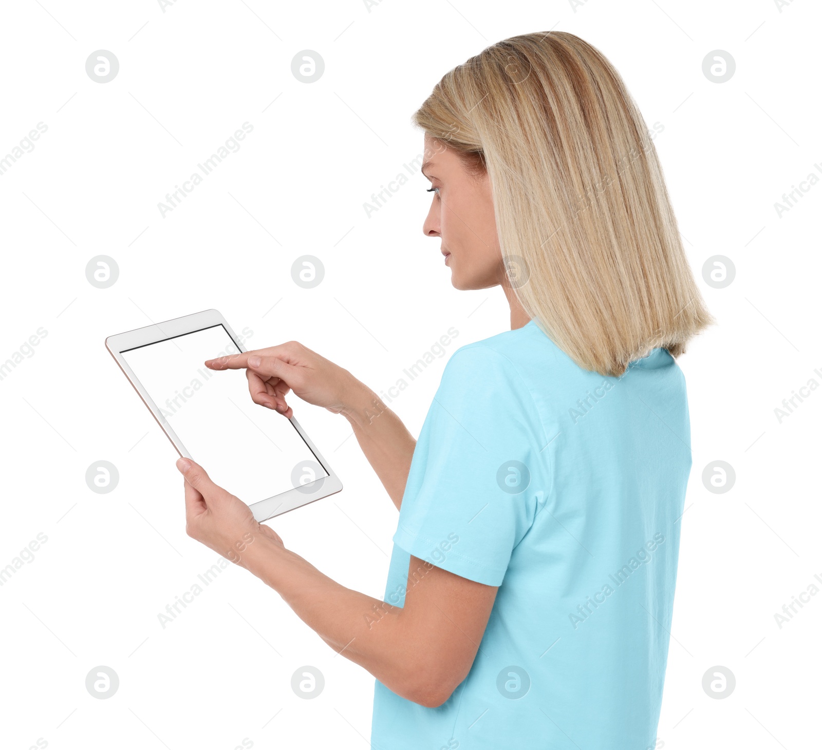 Photo of Woman using tablet with blank screen on white background