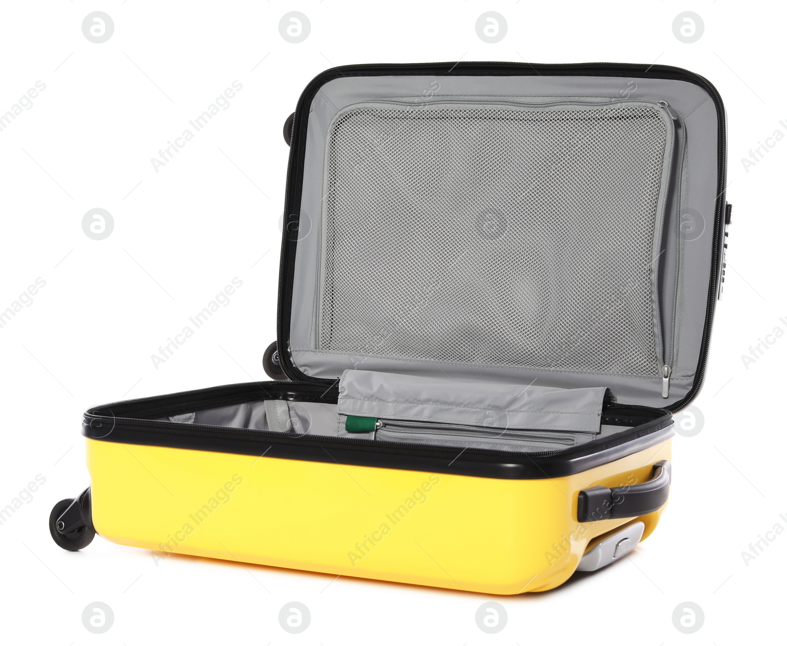 Photo of Open bright yellow suitcase on white background