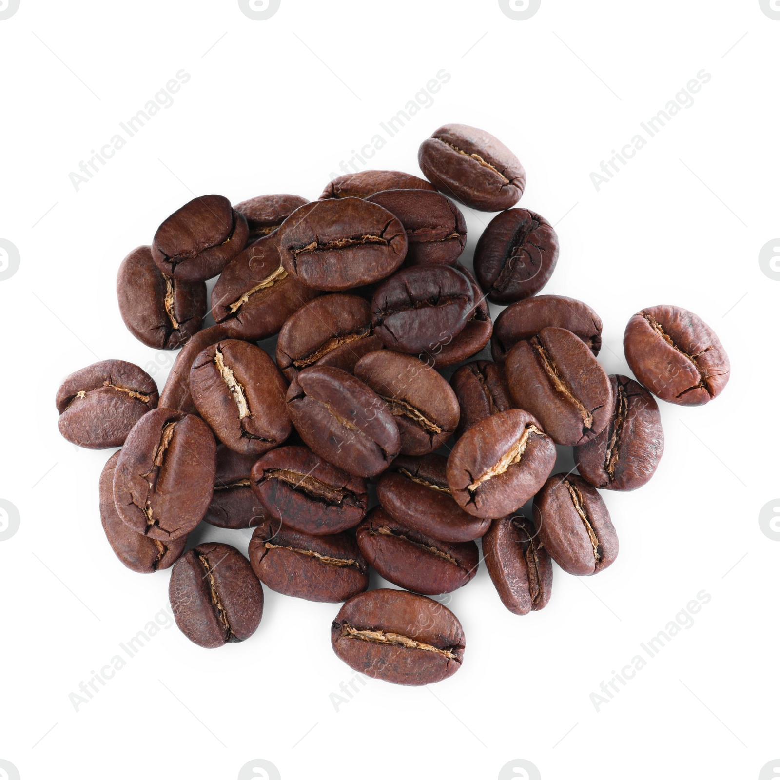 Photo of Pile of roasted coffee beans on white background, top view