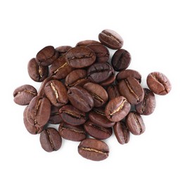 Photo of Pile of roasted coffee beans on white background, top view