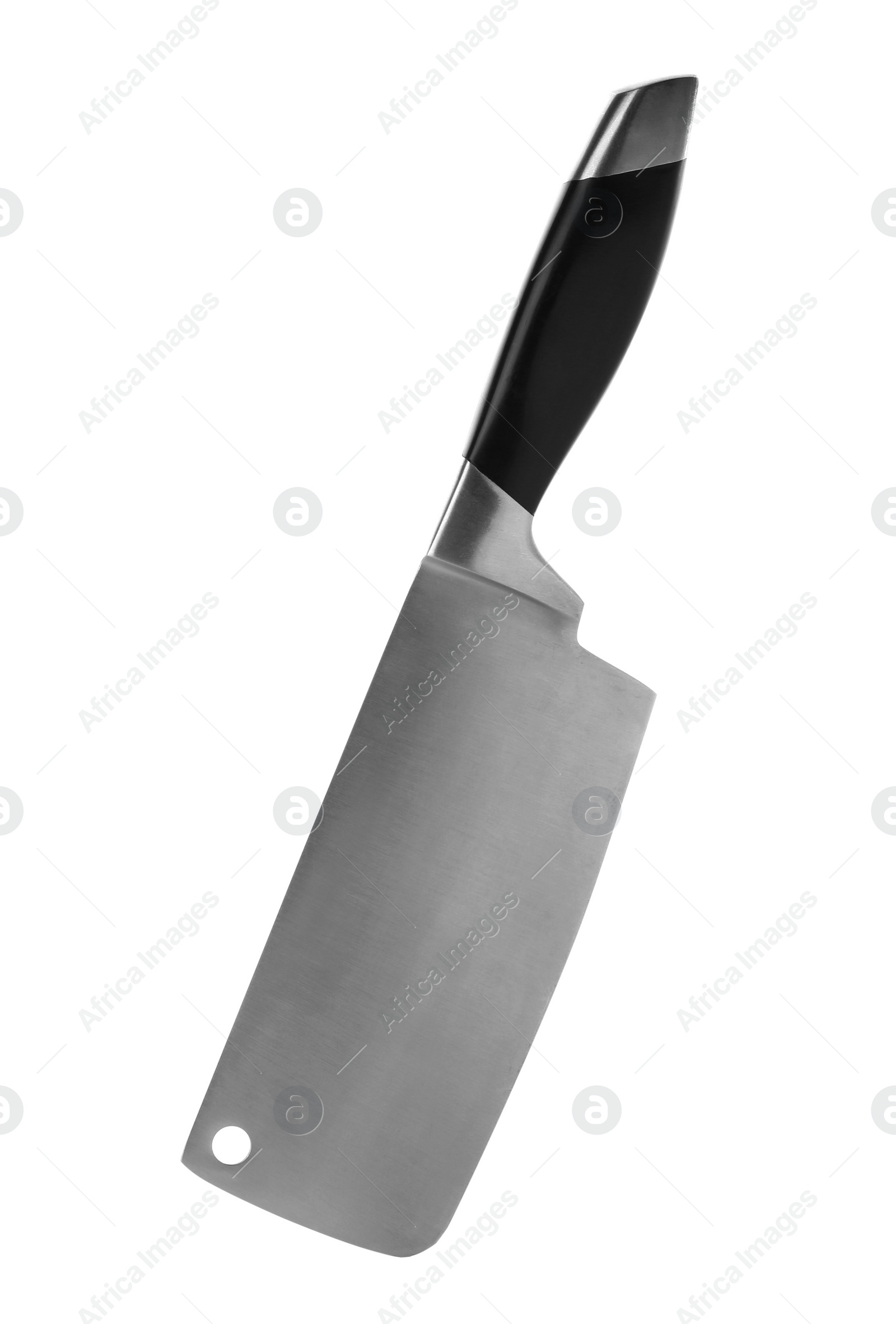 Photo of Large sharp cleaver knife with black handle isolated on white