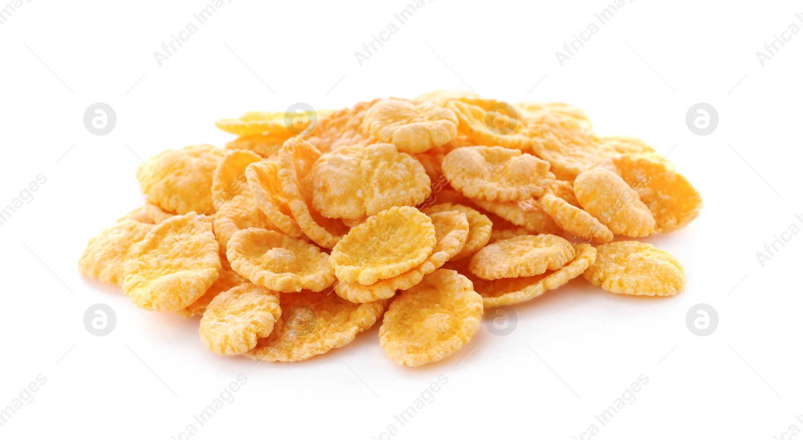 Photo of Pile of tasty corn flakes on white background