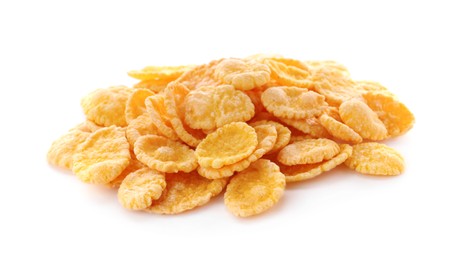 Photo of Pile of tasty corn flakes on white background