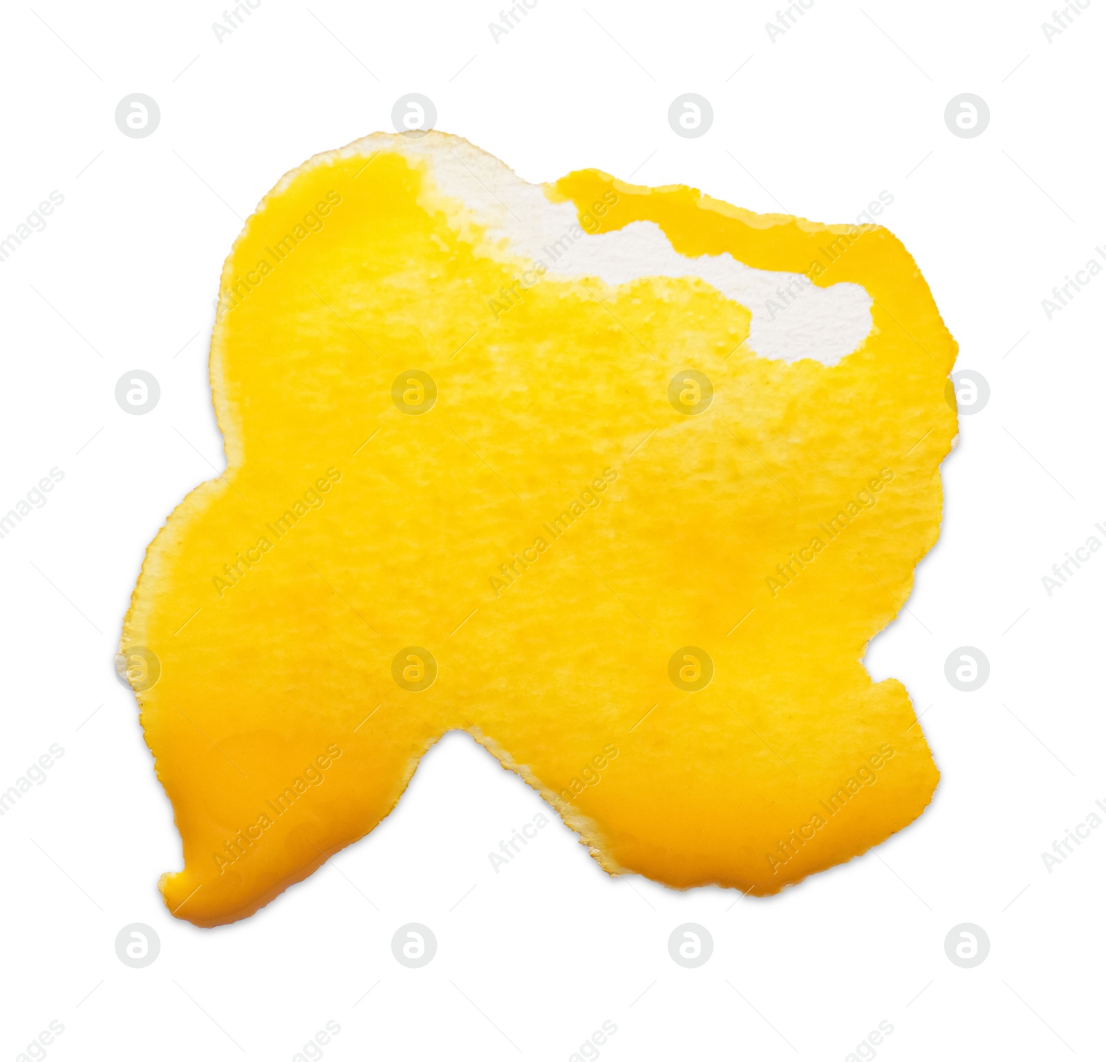 Photo of Blot of yellow ink on white background, top view