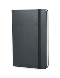 Photo of Closed notebook with blank black cover isolated on white