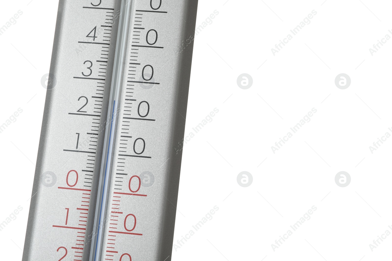 Photo of Modern grey weather thermometer on white background, closeup