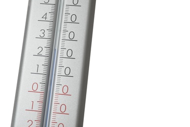 Photo of Modern grey weather thermometer on white background, closeup