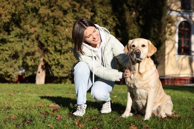 Photo of Beautiful young woman with adorable Labrador Retriever on green grass outdoors