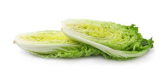 Photo of Cut fresh ripe Chinese cabbages on white background