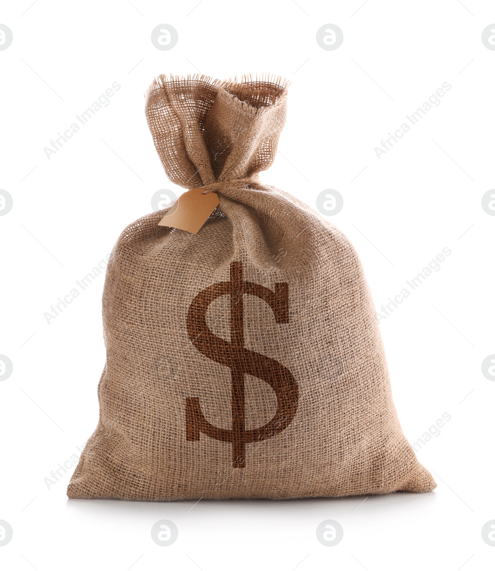 Image of Burlap bag with dollar sign on white background