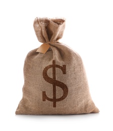 Image of Burlap bag with dollar sign on white background