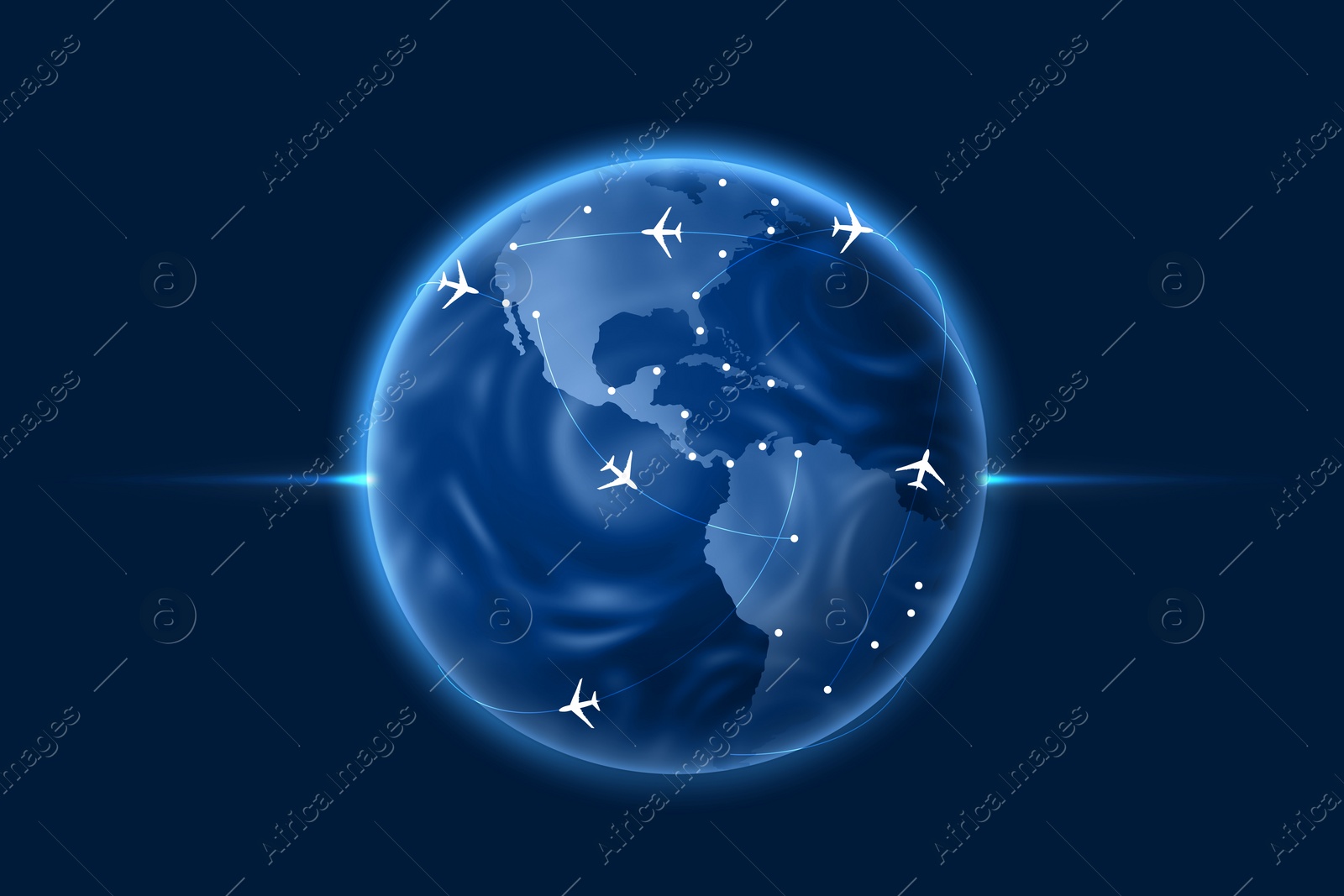 Illustration of World globe with flight routs, airplanes and destinations on blue background, illustration 