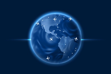 Illustration of World globe with flight routs, airplanes and destinations on blue background, illustration 