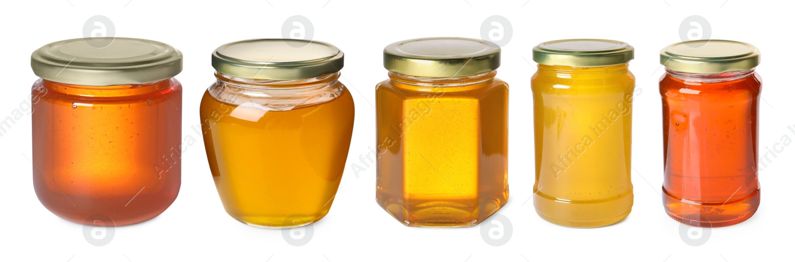 Image of Natural honey in glass jars isolated on white, set